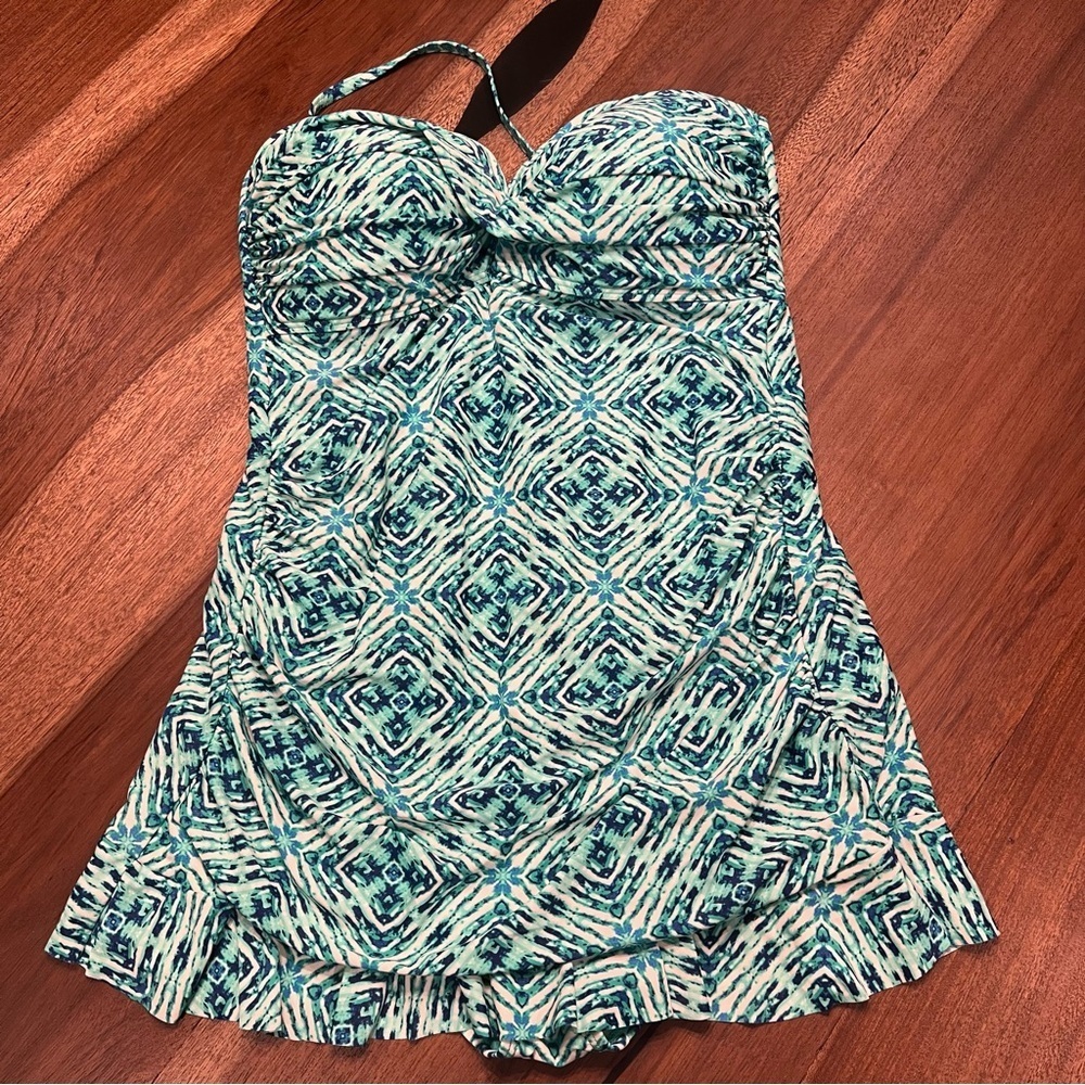 ⛱️Shore Club - Aqua Navy White Geometric Swim Dress - 16